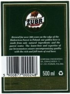 Drink Label: Zubr (Browar Dojlidy Bialystok, PolandCol:PL-BEER-000917