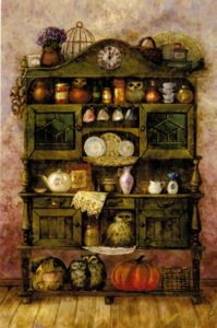 Dresser Displaying Tableware and owls