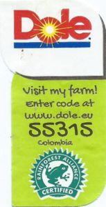 Fruit Sticker Dole Colombia Dole My Farm Rainforest Alliance Col Co Fr