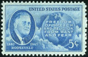 Roosevelt, Map of Western Hemisphere and Four Freedoms