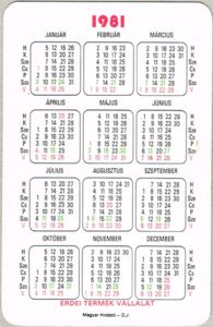 Pocket Calendar: Pepsi (Hungary(Pepsi Cola) Col:HU-1981-Cola-001