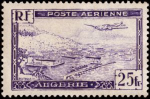 Stamp Potez 56 Airplane over Algiers Harbor (Algeria(Plane over