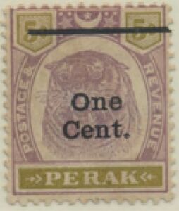 Tiger (Panthera tigris) Surcharged One Cent.