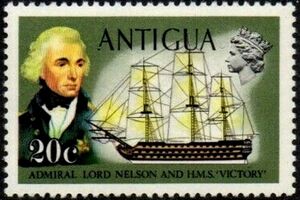 Stamp from Antigua showing Nelson and HMS Victory