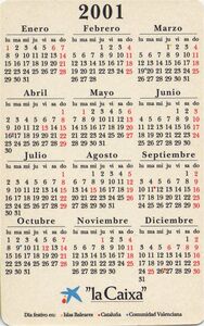 Pocket Calendar La Caixa Spain Banks Col Esp 2001 Bank 004