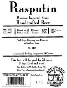 Drink Label: Rasputin Russian Imperial Stout (Brouwerij de Molen ...