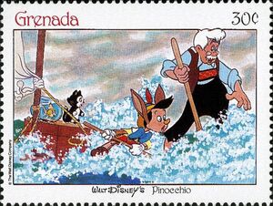 Stamp: Cleo, Figaro, Pinocchio, Geppetto (Grenada(Disney