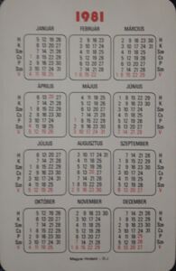 Pocket Calendar: Bubis (Hungary(Advertising) Col:HU-1981-Adv-006.01