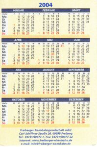 Pocket Calendar Freiberger Eisenbahn (Germany, Federal Republic