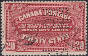 Stamp: 20 Cent Special Delivery Perforated OHMS (CanadaSn:CA OAE2,Sg:CA OS2