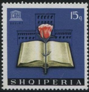 UNESCO Emblem, open book, rose and school