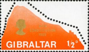 Silhouette of "The Rock" & Queen Elizabeth II (orange, gold)