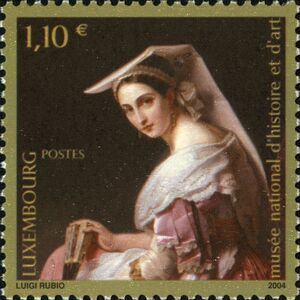 Painting "Young Woman with a Fan" by Luigi Rubio (1795-1882)