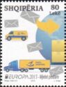 Globe, parcels, envelopes, postal van and truck