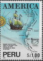 Caravel and map of 2nd voyage of Pizarro