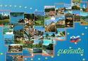 On the postcard are pictures of various cities in Slovenia