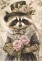 Raccoon Lady Dressed in Vintage Sytle With Roses