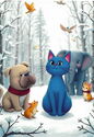 Blue Cat and Other Animals in the Forest in Winter