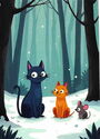 Blue Cat and Friends in the Forest in Winter