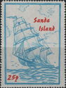 Tuquoise-blue sailing ship listing left