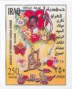 Saddam in front of a red heart, flowers