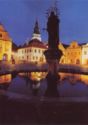 Pelhřimov. North-west part of town square. Church and St.Jacub fountain