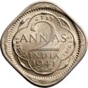 2 Annas (1/8 Rupee - sec. head - large value - large crown)