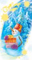 Happy New Year! Snowman with gifts, winter forest