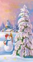 Happy New Year! Snowman, fir-tree, church