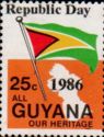 Guyana Flag over outline map, pole to left