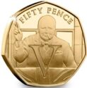50 Pence (VICTORY (V). Churchill with his famous V for Victory gesture - Gold)
