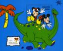 Mickey Mouse and Minnie Mouse riding on a Mamenchisaurus